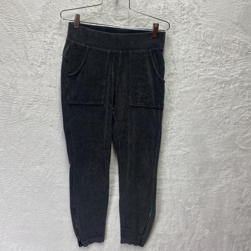 Athleta Velour Pants Women's XS Elastic Waist Charcoal Gray Mid Rise Ankle Zip